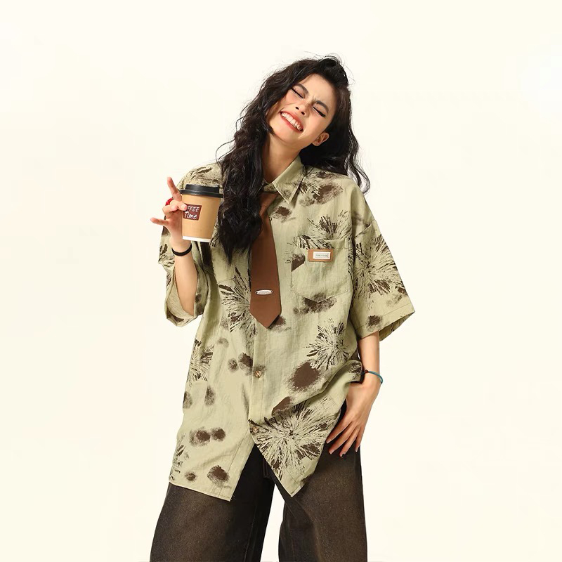 古著感領帶短袖襯衫女美式復古個性寬鬆潮牌夏季度假襯衣