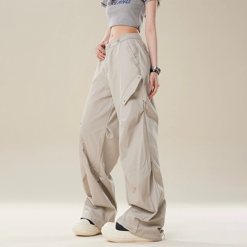 美式復古工裝褲褶皺設計感闊腿寬鬆直筒休閒情侶褲子