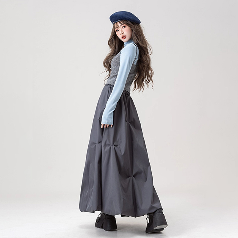 美式復古咖色褶皺花苞半身裙春夏高腰辣妹A字長裙