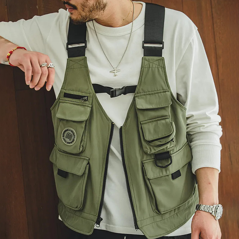 馬登工裝 復古多口袋機能風馬甲無袖坎肩背心兩用挎包潮男