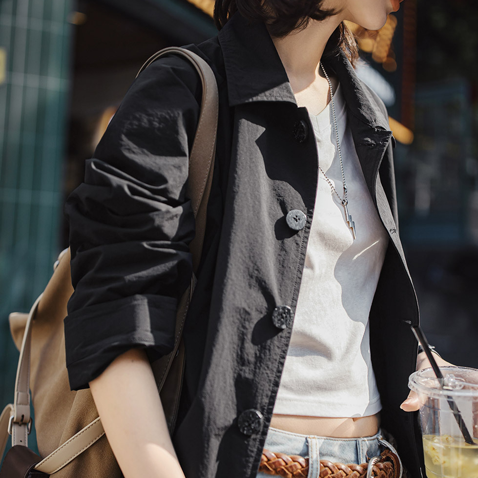 馬登女裝 黑色翻領寬鬆中長薄款大衣高個子休閒工裝風衣外套女士早秋季