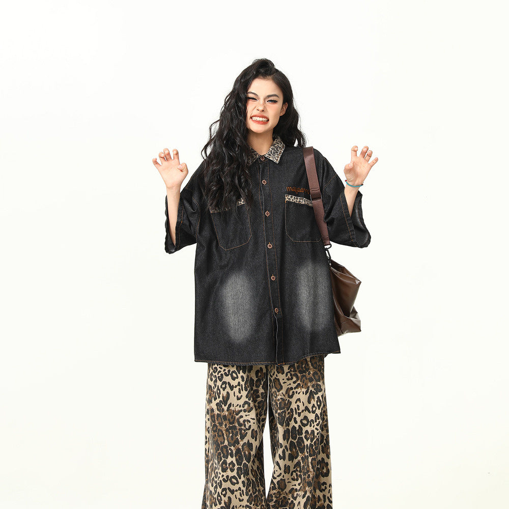 高級感豹紋拼接美式復古水洗牛仔短袖襯衫BF工裝學院風襯衣