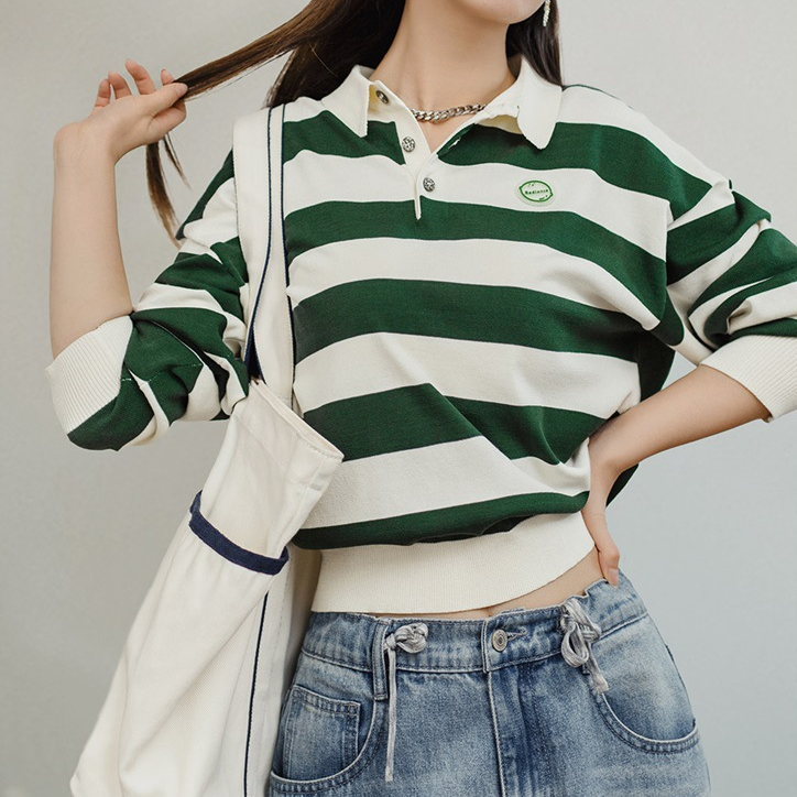 馬登女裝 復古撞色條紋Polo領長袖T恤針織休閒百搭上衣顯瘦打底衫秋女