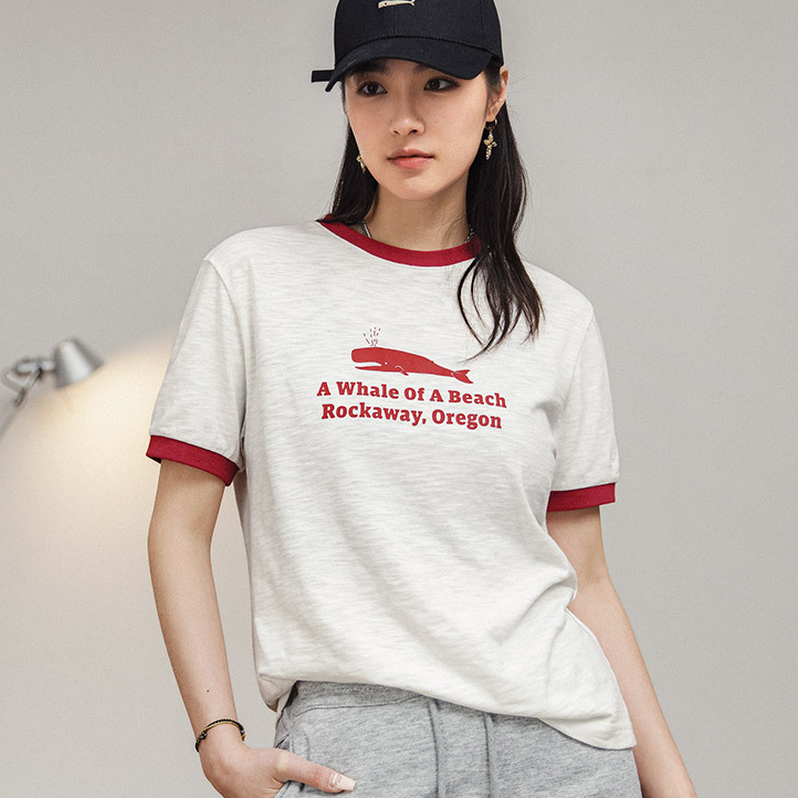 馬登女裝 休閒寬鬆字母印花圓領T恤撞色羅紋顯瘦打底衫