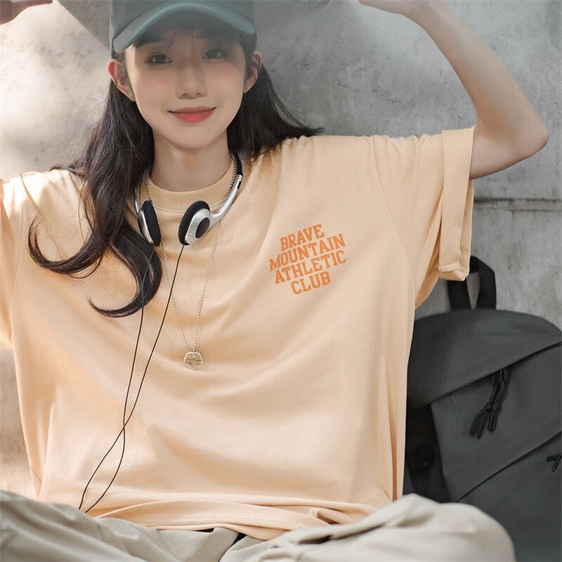 馬登女裝 美式休閒馬卡龍色短袖T恤寬鬆純棉字母印花情侶套頭衫