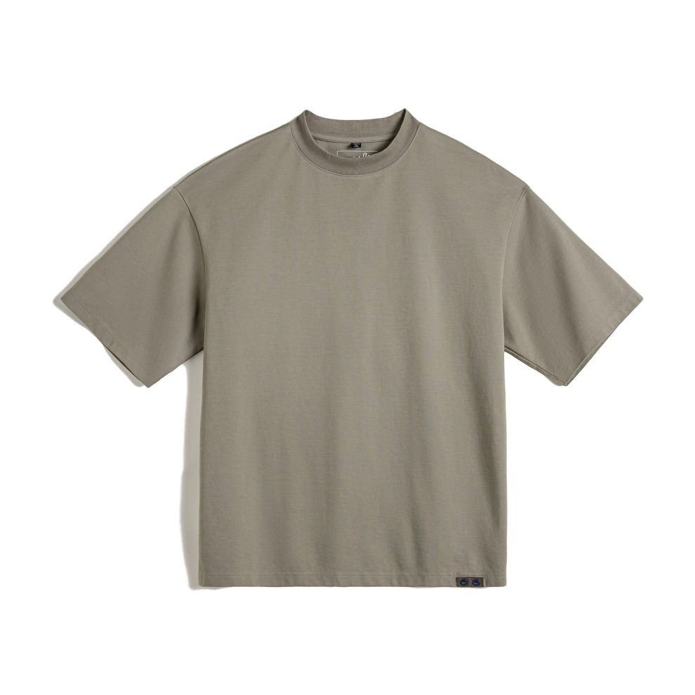 馬登工裝 美式半高小領口落肩短袖老錢風重磅寬鬆半袖T恤男春夏