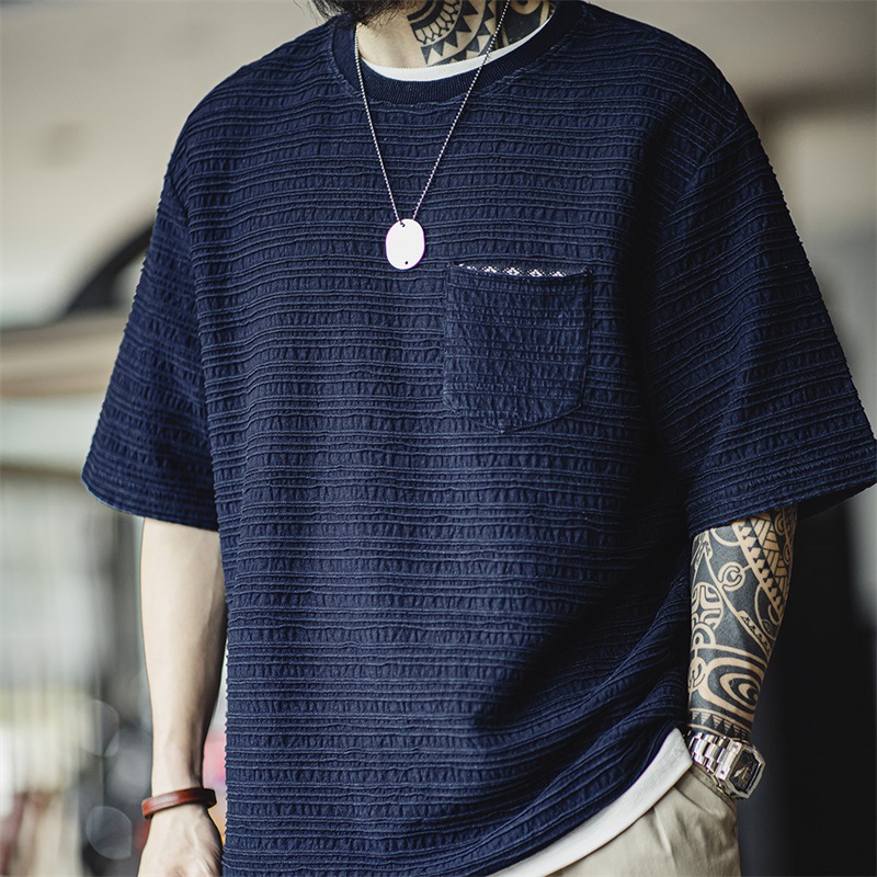 馬登工裝 美式復古藍調針織提花波浪紋口袋T恤肌理感寬鬆短袖體恤