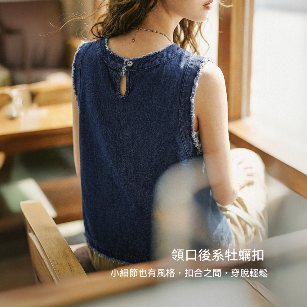 馬登女裝 日系復古寬鬆外穿牛仔馬甲無袖坎肩背心上衣女士春夏