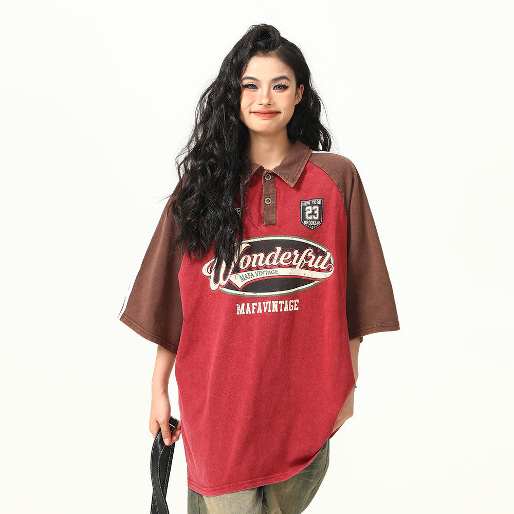 美式復古街頭學院風Polo領短袖T恤女寬鬆百搭情侶上衣