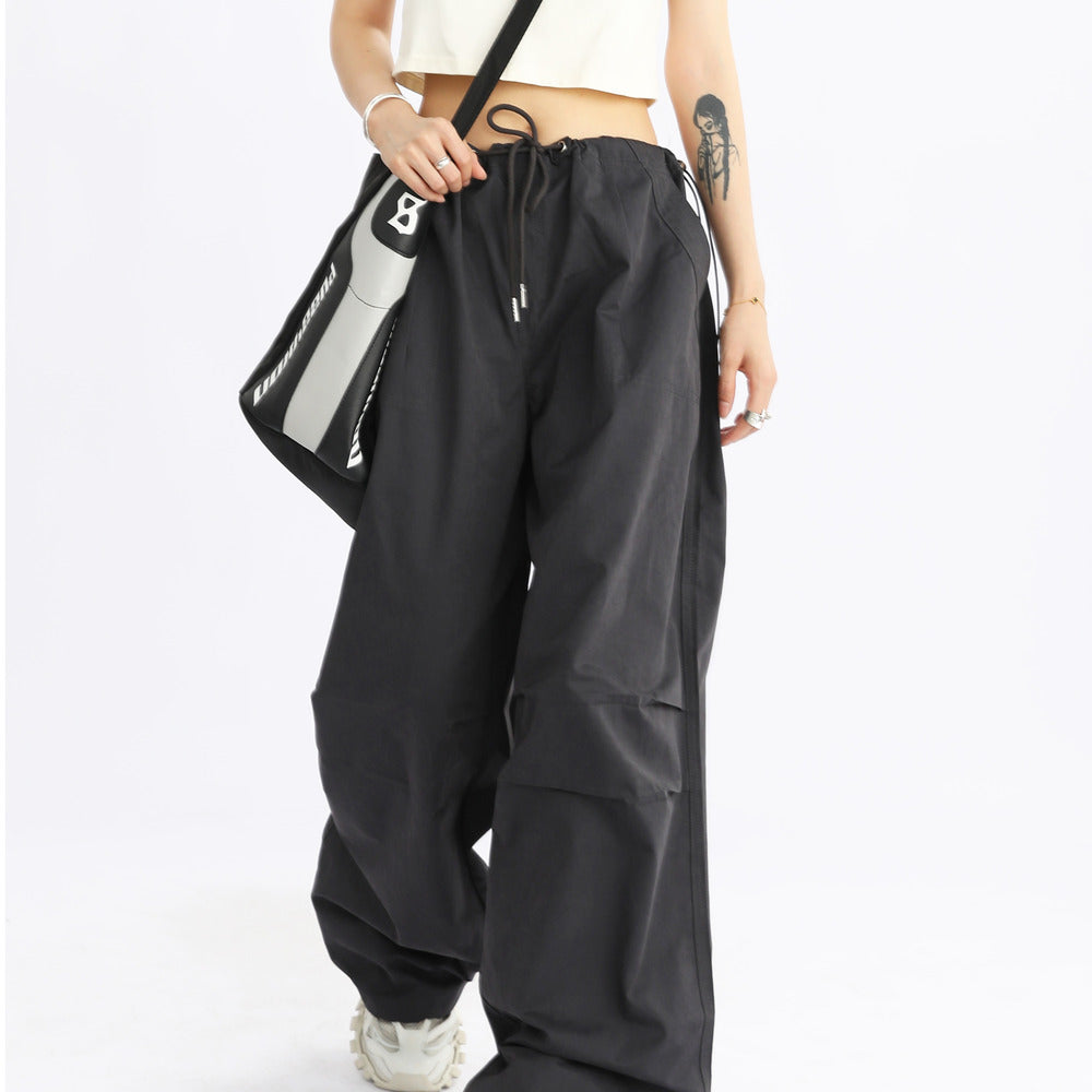 美式復古闊腿抽繩傘兵工裝褲女寬鬆低腰休閒百搭長褲