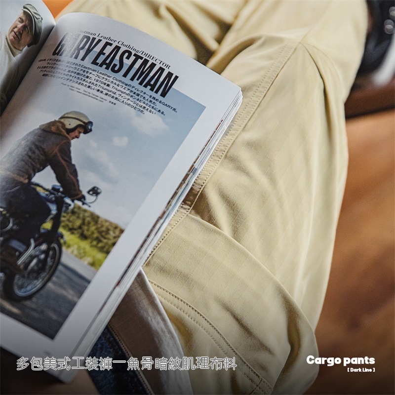 馬登工裝 美式復古多口袋人字紋休閒褲vibe軍綠色直筒工裝褲