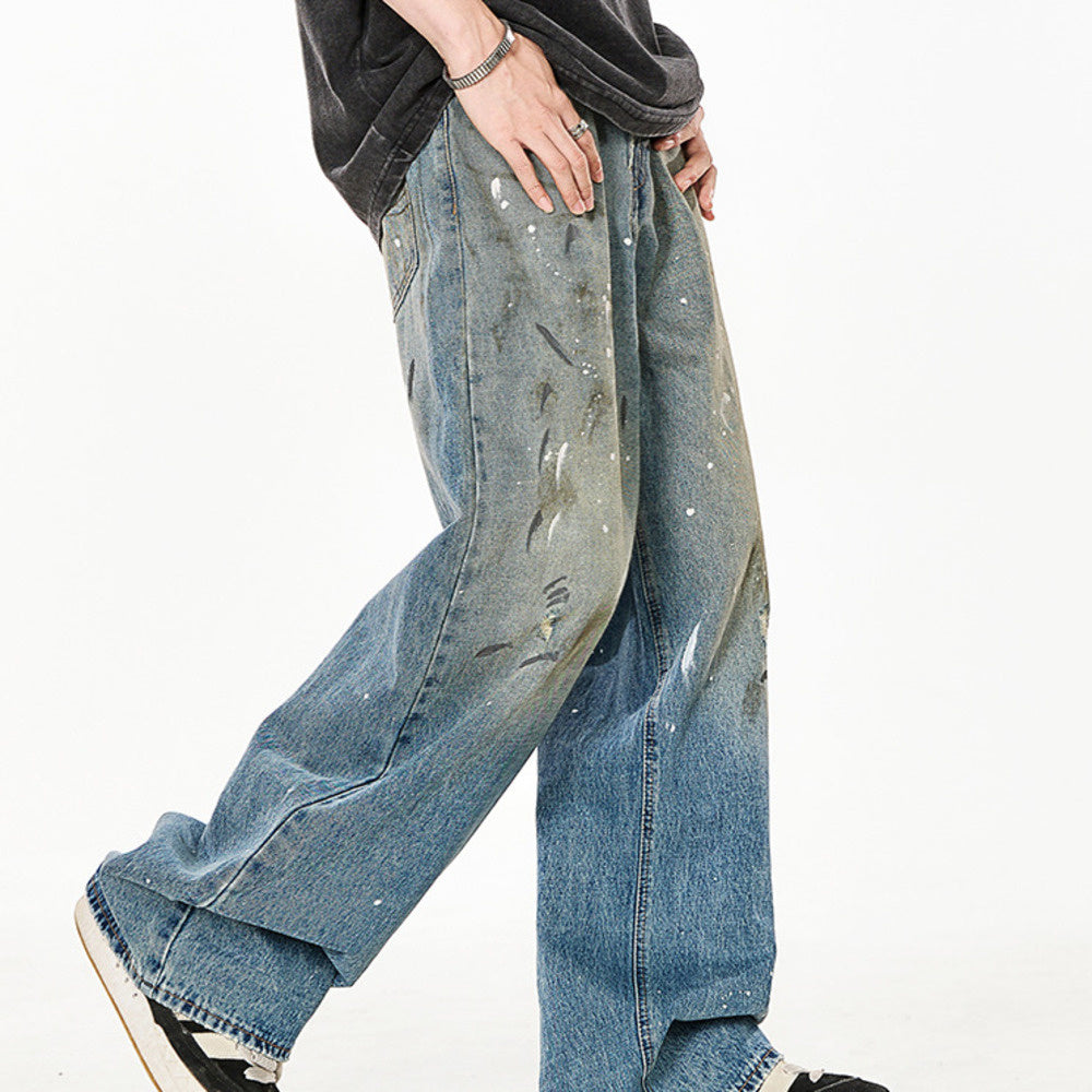 紮染潑墨直筒牛仔褲女美式高街做舊寬鬆拖地闊腿褲