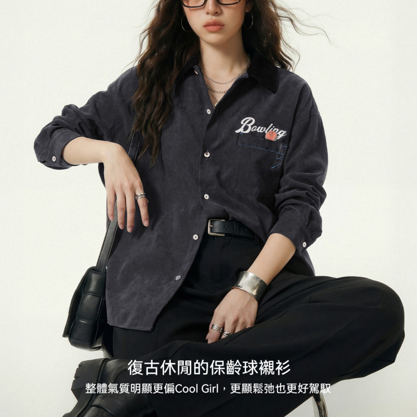 馬登女裝 黑色復古桃皮絨古巴領襯衫印花外套長袖襯衣內搭疊穿女士春