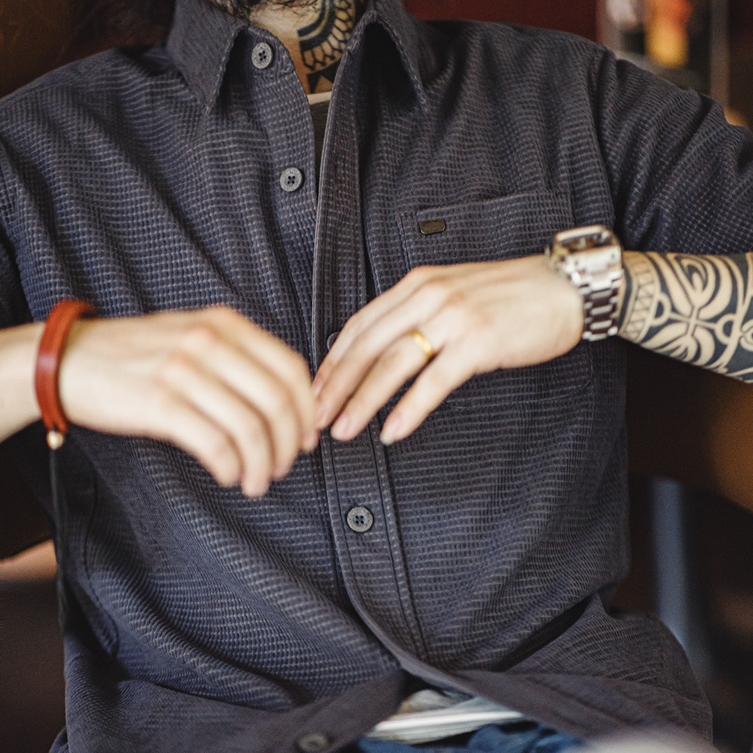 馬登工裝 美式復古玉米粒格子襯衫翻領純色休閒鬆弛感長袖襯衣男春秋