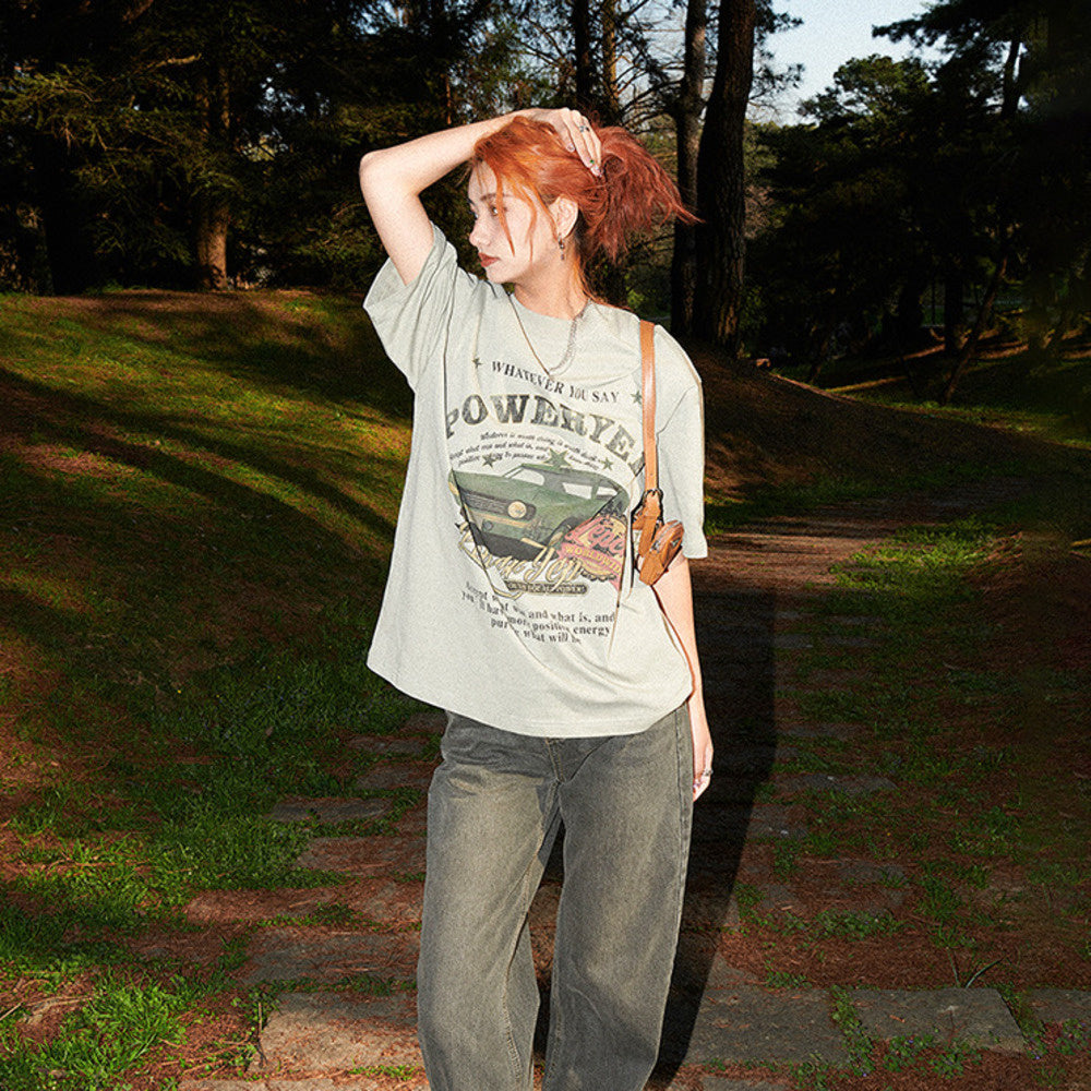 美式復古牛油果綠純棉短袖T恤女小眾半袖寬鬆Oversize情侶上衣