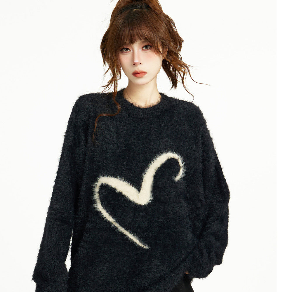 黑色套頭毛衣秋冬季寬鬆慵懶風針織軟糯馬海毛加厚長款設計感毛衣