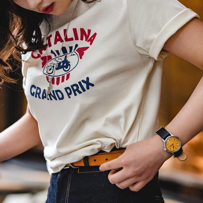 馬登女裝 美式復古印花短袖上衣重磅純棉正肩寬鬆設計感T恤