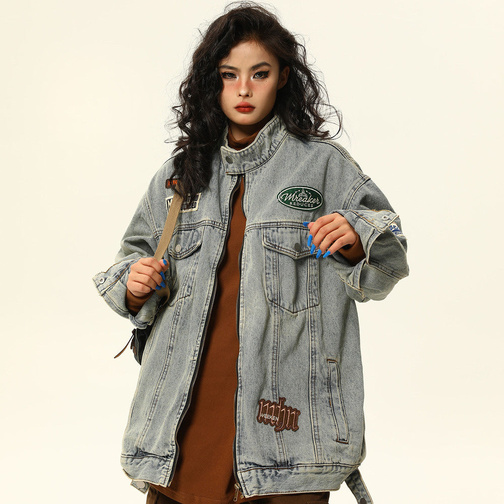 美式復古牛仔外套男女秋季寬鬆休閒vintage立領機車服情侶外套