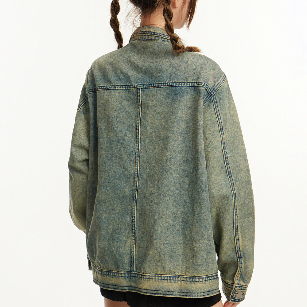 美式復古水洗做舊牛仔外套女秋冬寬鬆重磅工裝翻領開衫夾克
