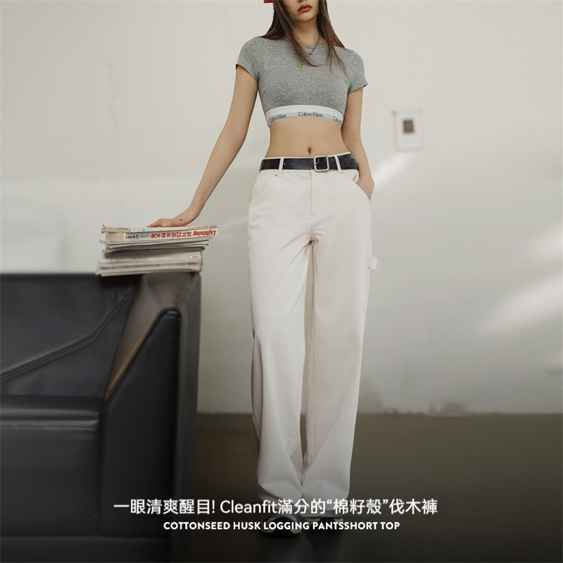 馬登女裝 美式復古棉籽殼白色伐木工直筒褲純棉百搭休閒工裝褲