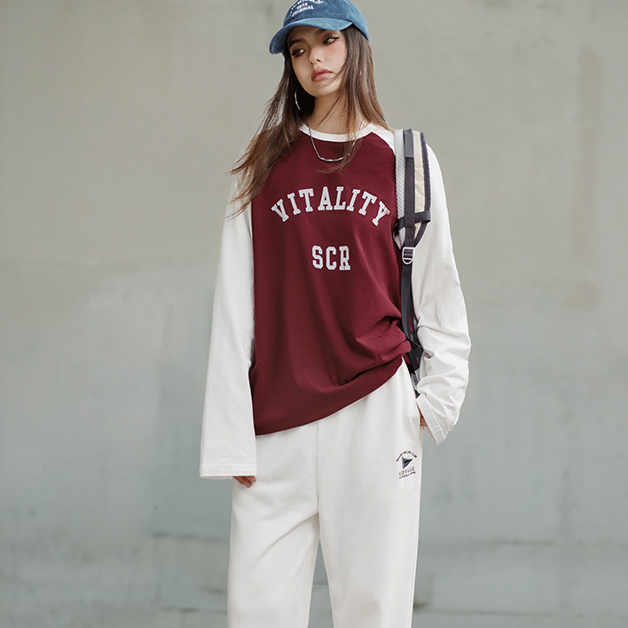 馬登女裝 美式酒紅色插肩長袖衛衣T恤撞色純棉寬鬆打底衫春秋