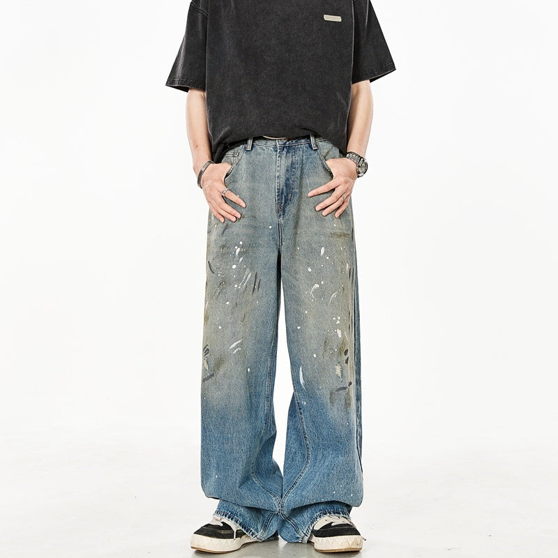 紮染潑墨直筒牛仔褲女美式高街做舊寬鬆拖地闊腿褲