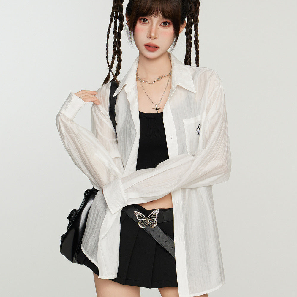白色防曬襯衫外套女夏季薄款襯衣開衫長袖罩衫防曬衫天絲上衣