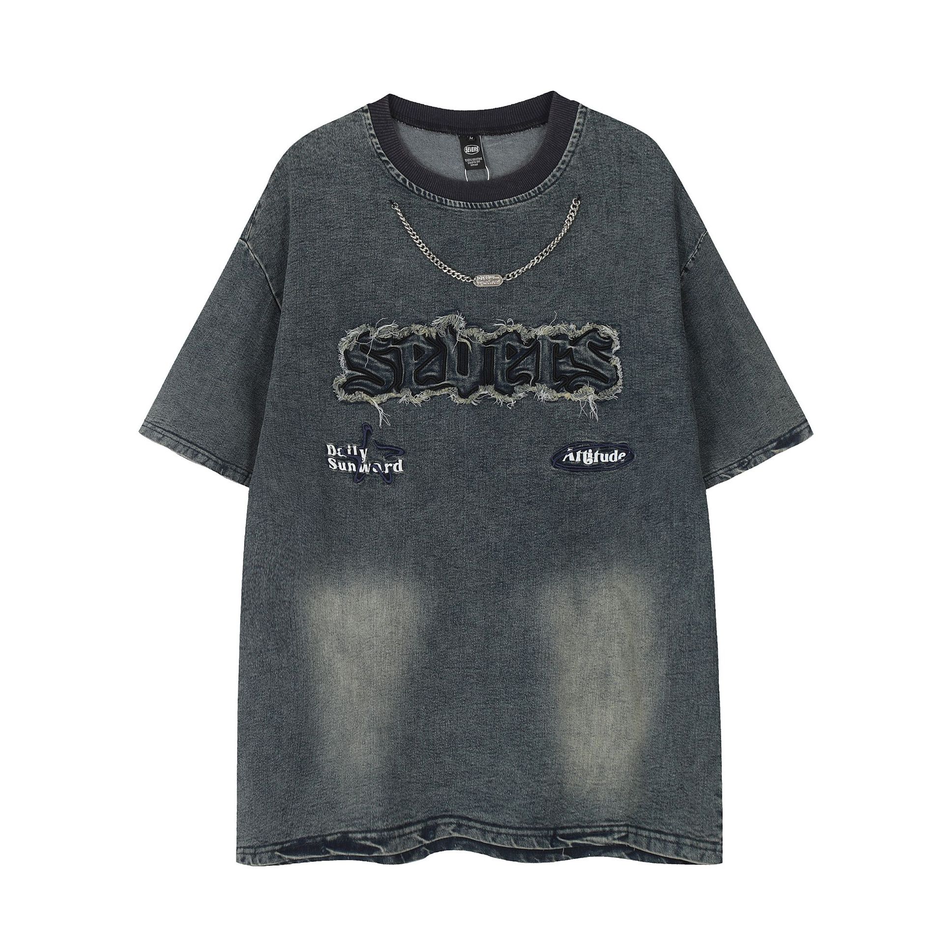 美式復古貼布繡水洗做舊牛仔T恤小眾鏈條設計感寬鬆情侶上衣