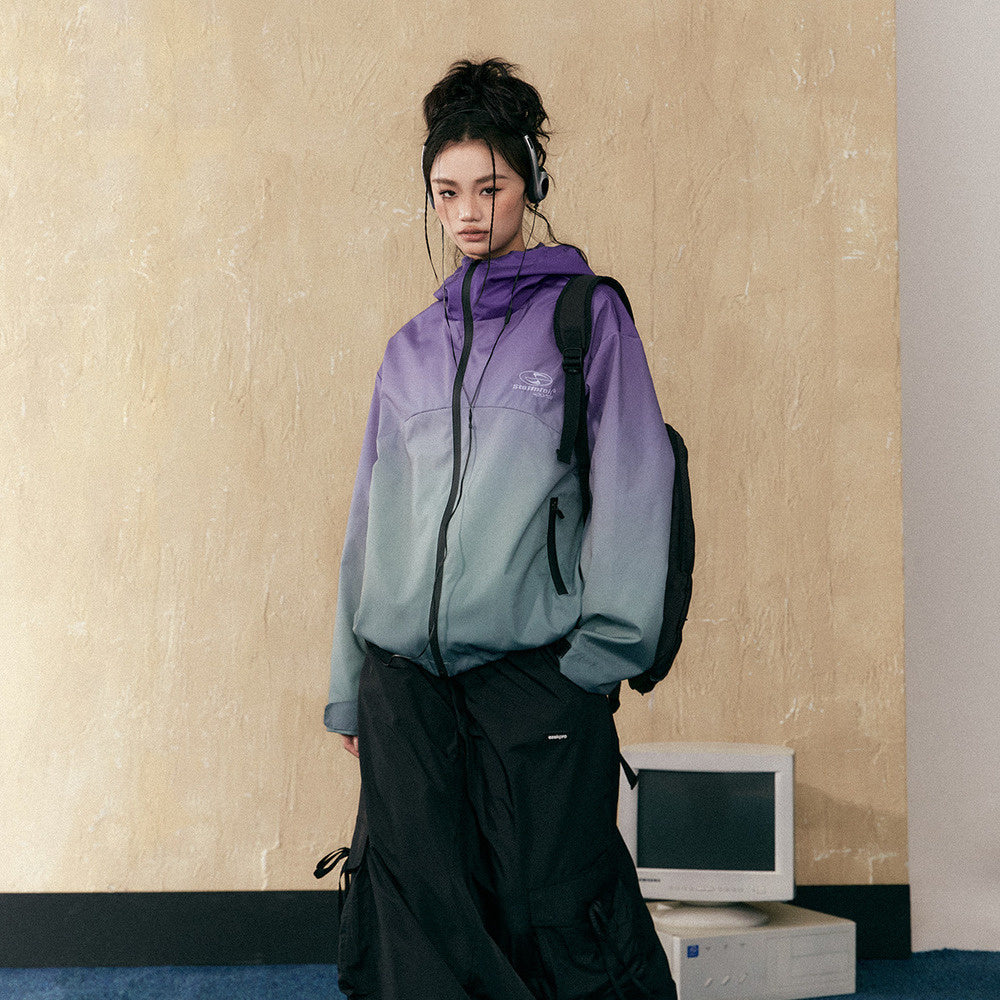 復古漸變色紫色衝鋒衣女戶外山系防水登山服連帽情侶外套