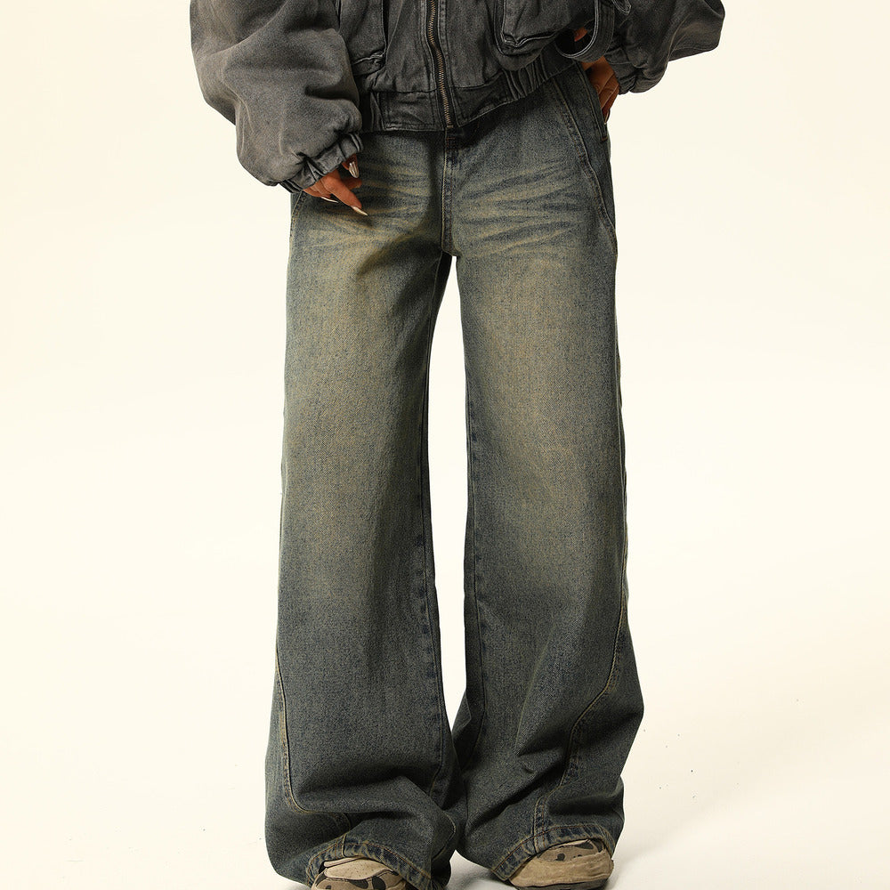 美式復古水洗做舊破洞口袋牛仔褲女顯瘦寬鬆直筒闊腿褲子