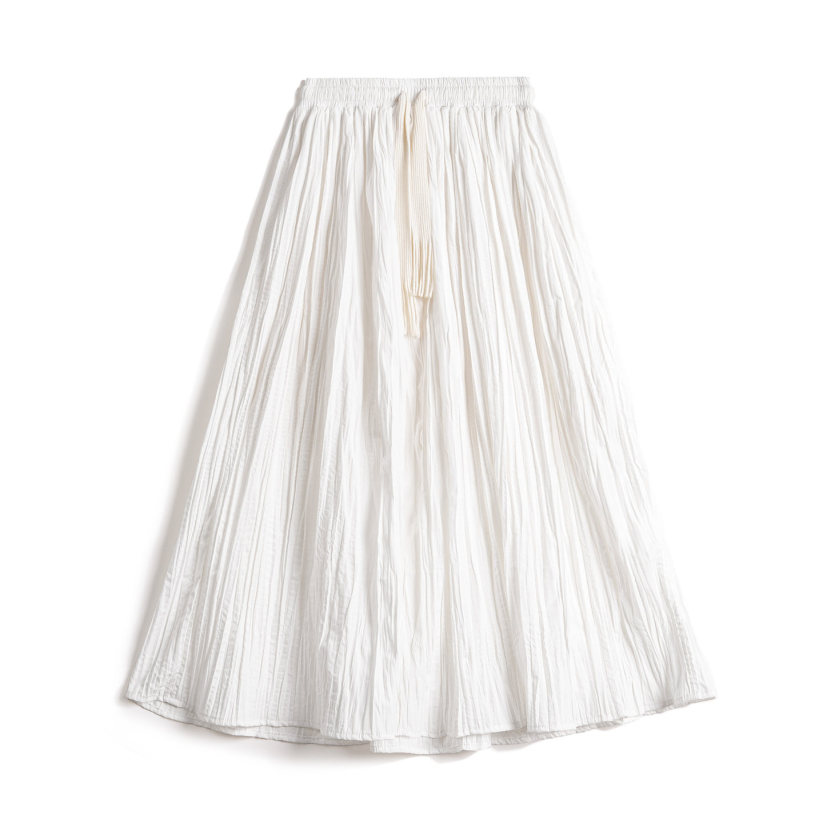 馬登女裝 白色長款A字紗裙百褶肌理垂墜感高腰顯瘦半身中長款傘裙
