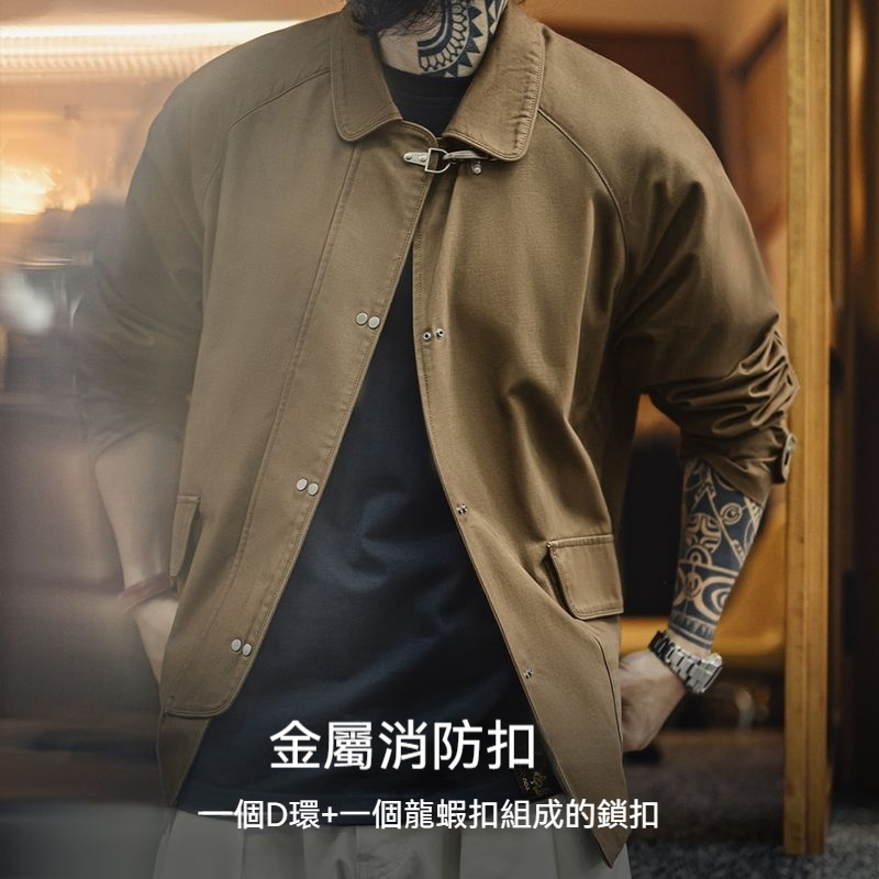馬登工裝 美式復古消防扣重磅外套寬鬆翻領純棉帆布夾克男秋冬