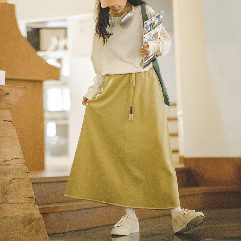 馬登女裝 復古抽繩高腰A字半身長裙休閒慵懶風衛衣裙