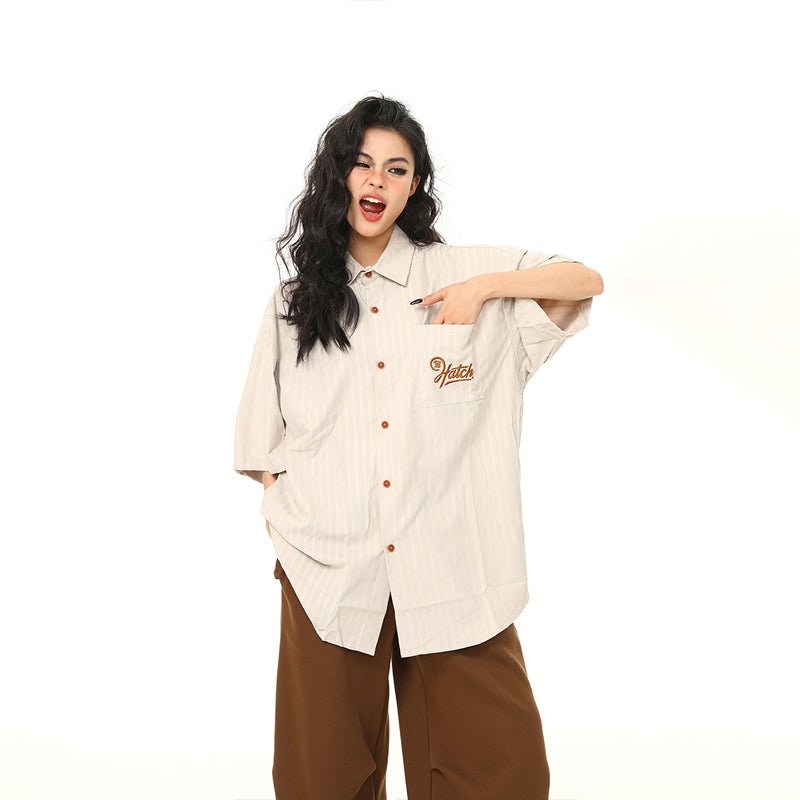 美式復古Vintage工裝短袖刺繡口袋襯衫女夏季百搭寬鬆情侶襯衣