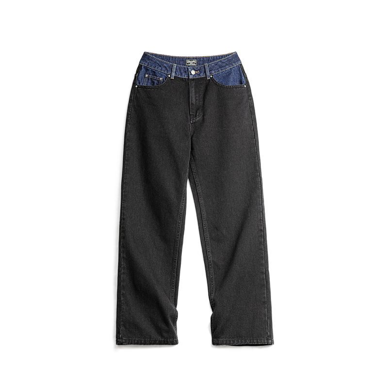 馬登女裝 美式拼色工裝牛仔褲水洗丹寧收腰微喇褲子闊腿長褲