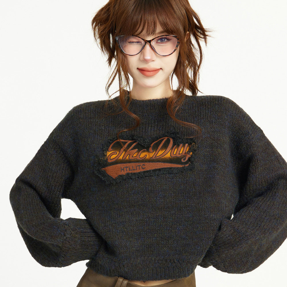 美式復古針織毛衣女秋冬設計感小眾正肩寬鬆外穿針織衫