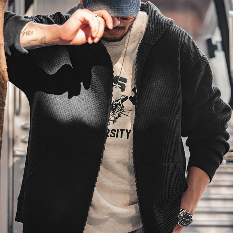 馬登工裝 華夫格連帽衛衣慵懶針織開衫運動外套男秋冬