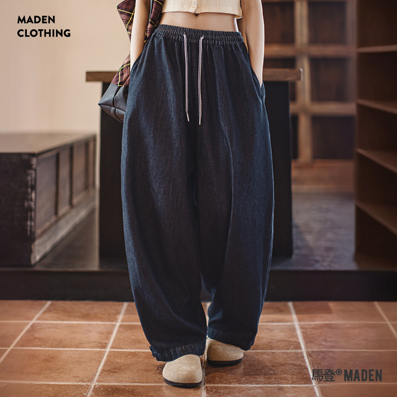 馬登女裝 復古冰皮香蕉牛仔褲凉感柔軟蘿蔔褲鬆緊腰抽繩褲子