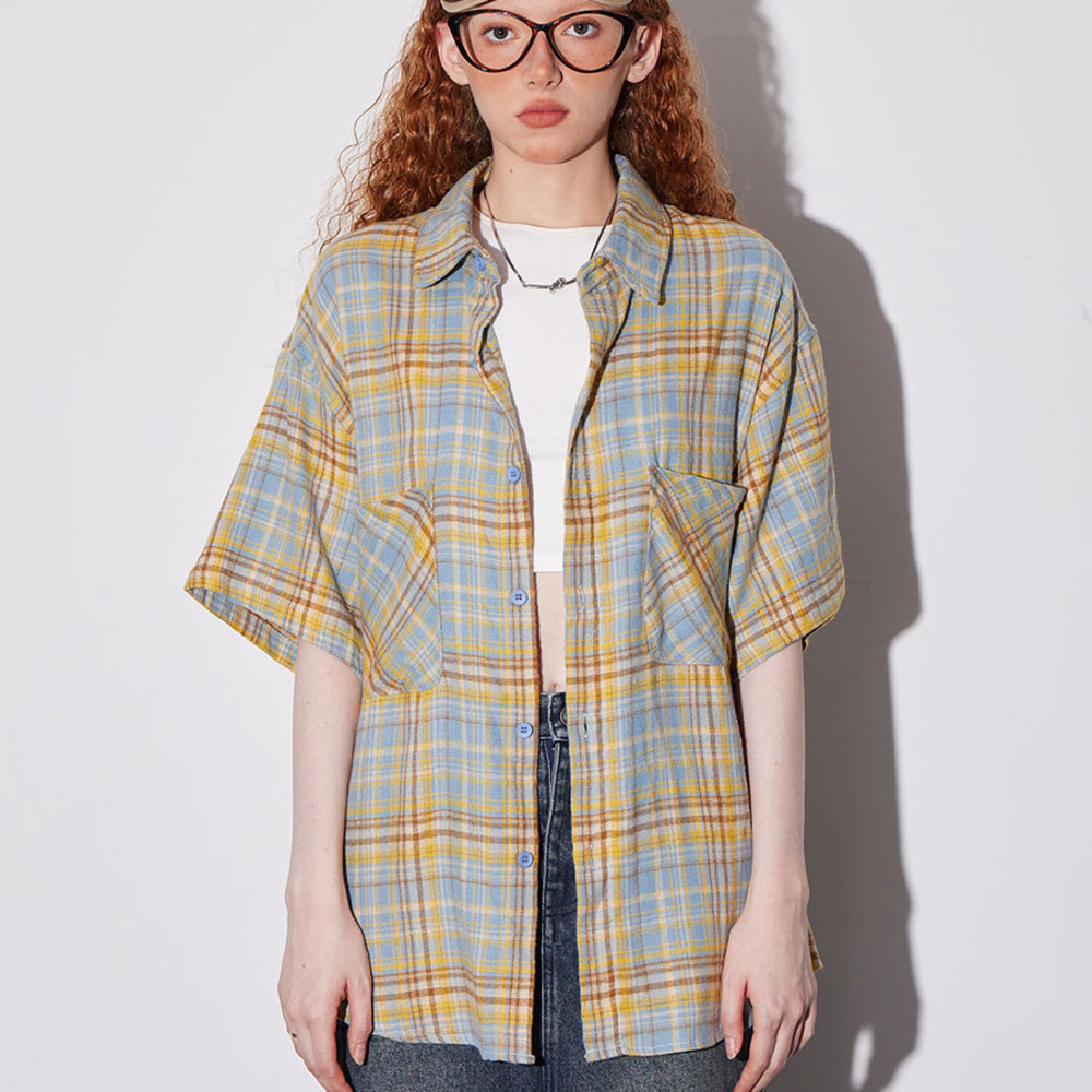 美式復古格子短袖襯衫T恤女夏季寬鬆半袖百搭襯衣潮