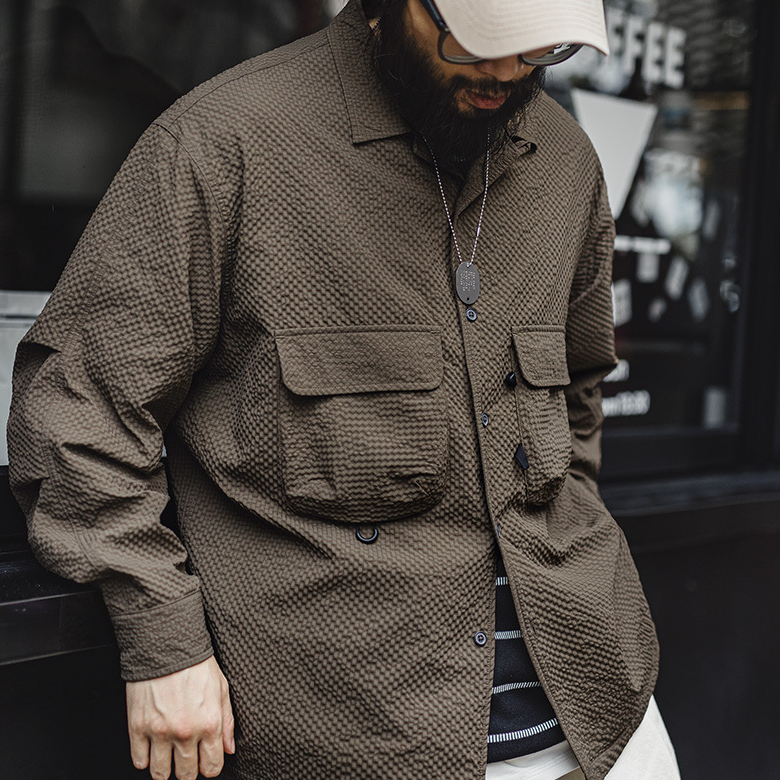 馬登工裝 山系戶外古巴領泡泡紗長袖襯衫免燙抗皺口袋襯衣男秋