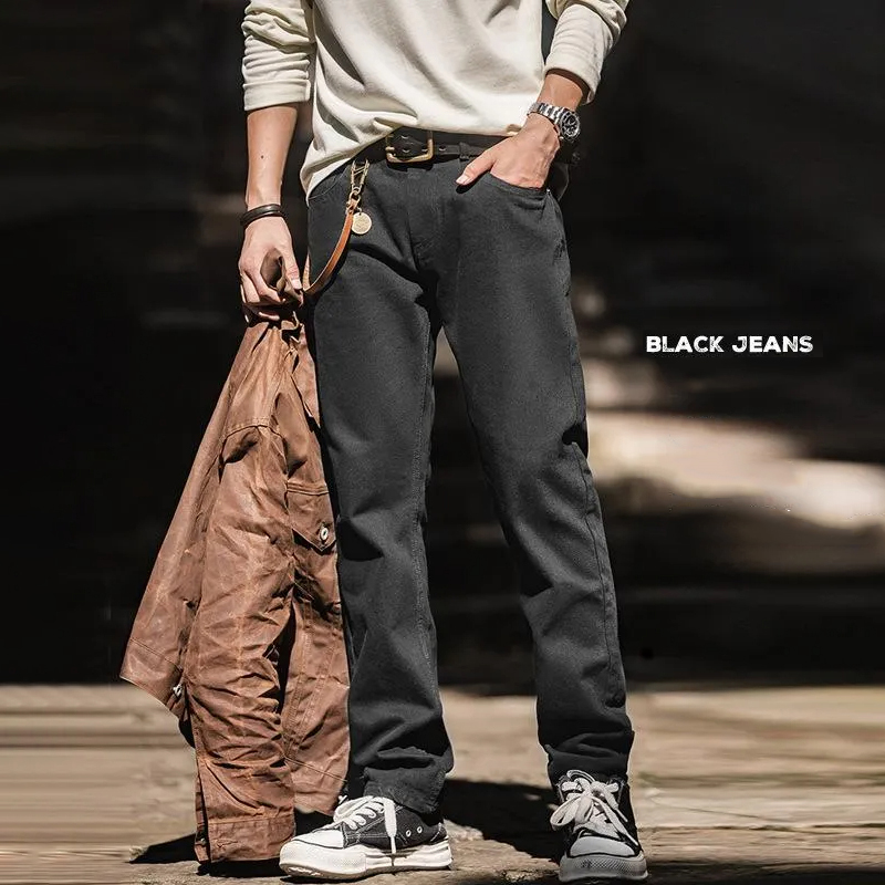 馬登工裝 美式復古黑色中腰牛仔褲水洗硬漢直筒丹寧長褲