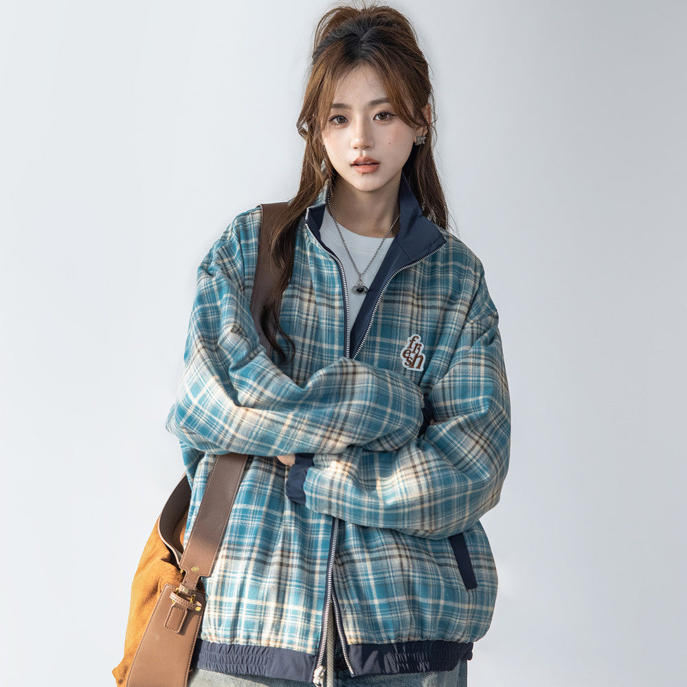 美式復古兩面穿拼接格紋外套學院風立領休閒工裝夾克
