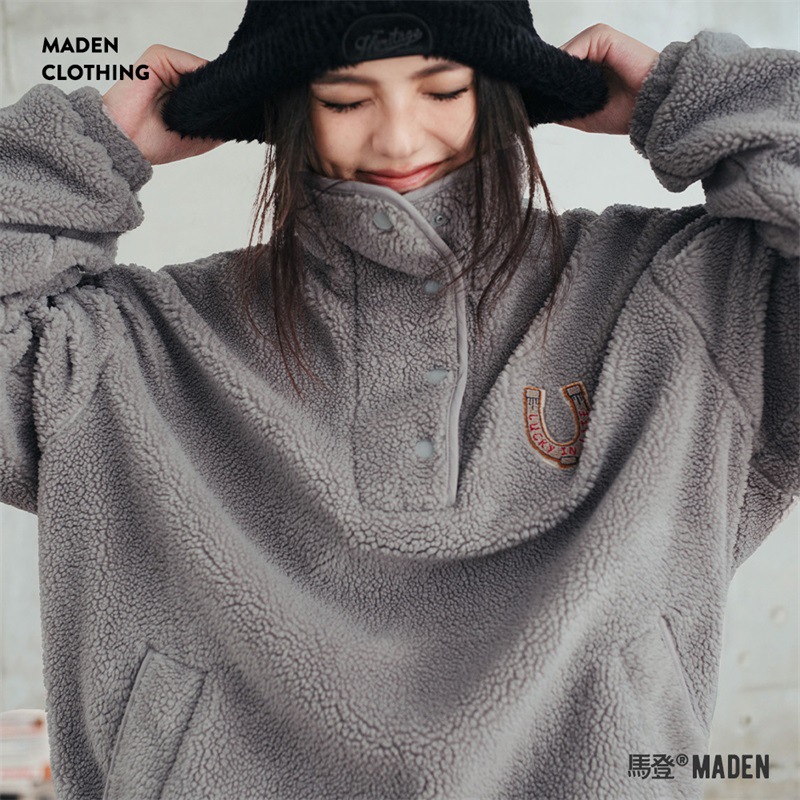 馬登女裝 美式加絨衛衣半開襟搖粒絨保暖外套抓絨套頭長袖衫秋冬