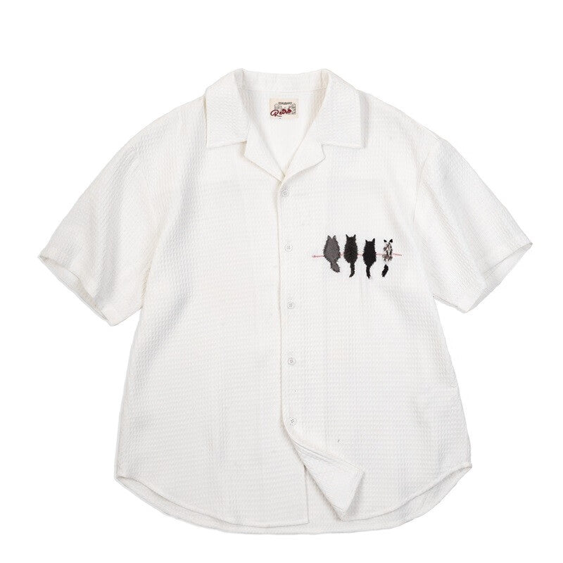 馬登女裝 休閒貓咪刺繡短袖襯衫寬鬆落肩袖華夫格襯衣