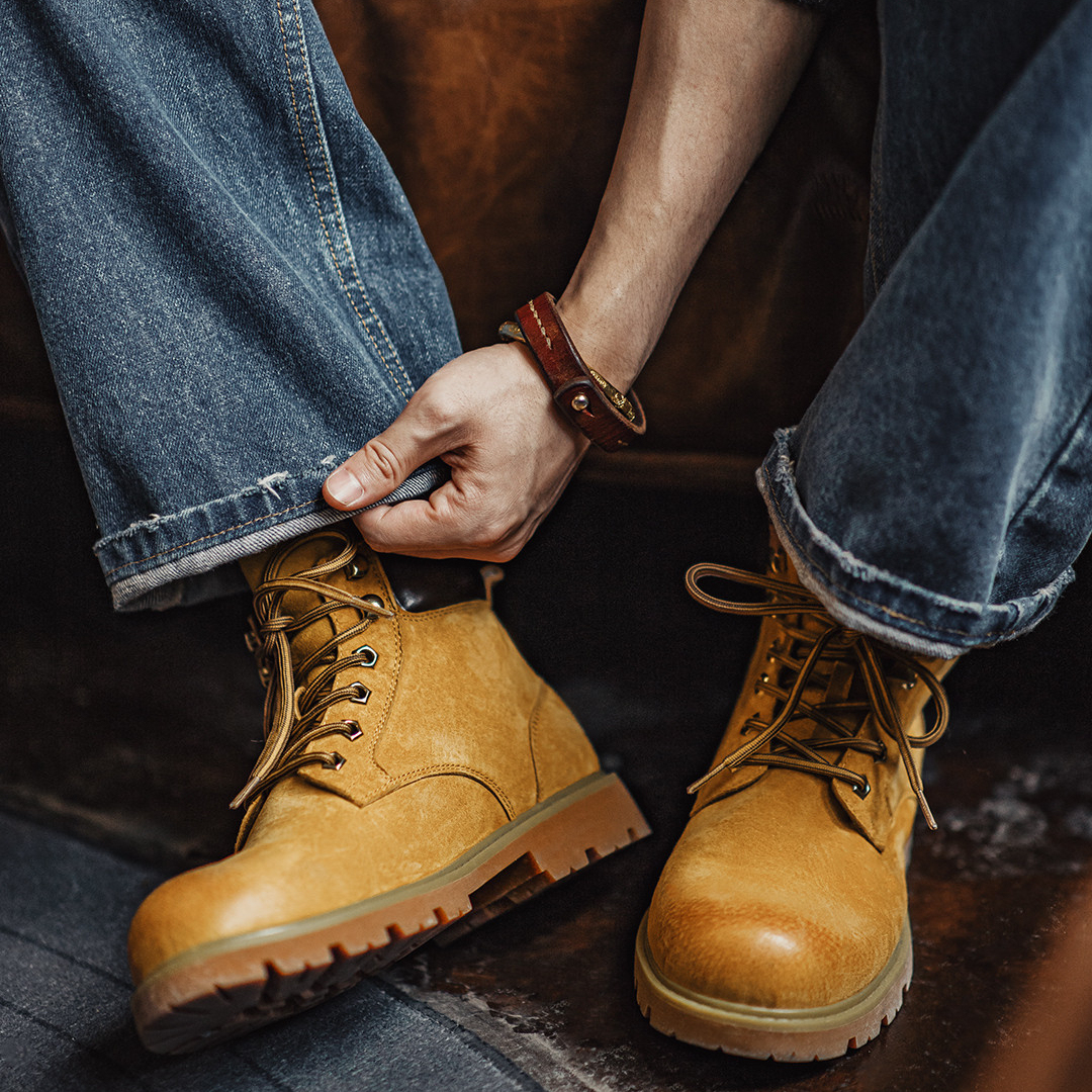 馬登男鞋 美式工裝大黃靴秋冬翻蓋中幫真皮復古馬丁靴子