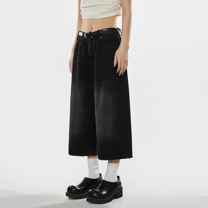 美式復古水洗牛仔中褲女夏季廓形牛仔短褲闊腿七分褲