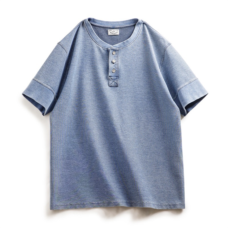 馬登工裝 美式復古OG針織牛仔亨利衫阿美咔嘰做舊硬漢短袖T恤男春夏