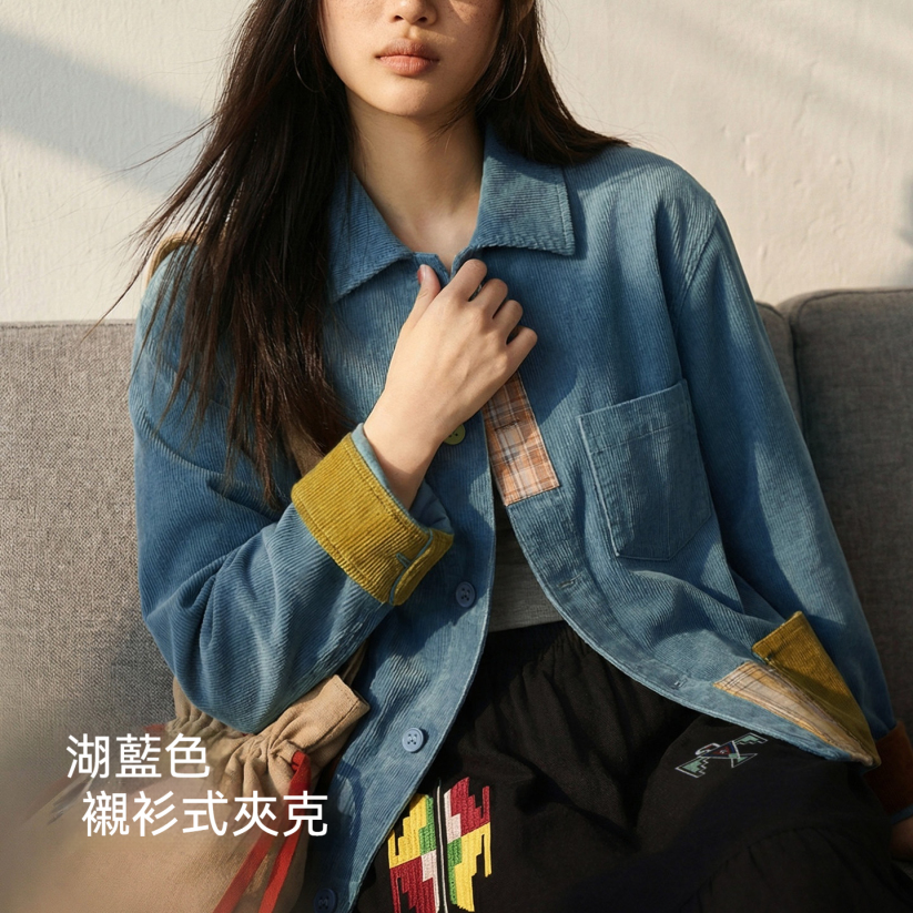 馬登女裝 復古藍撞色拼接襯衫夾克全純棉燈芯絨翻領薄外套襯衣女士春