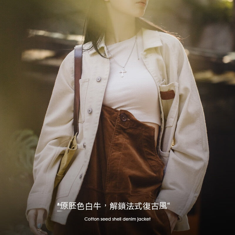 馬登女裝 法式復古棉籽殼牛仔外套寬鬆設計感小眾慵懶風工裝夾克