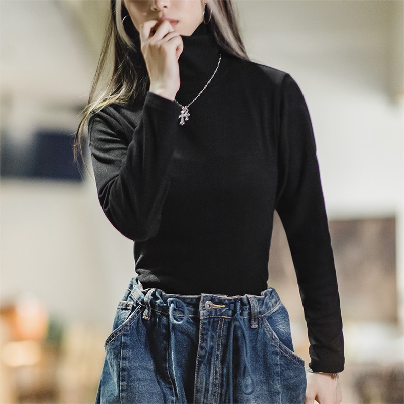 馬登女裝 緊身半高領打底衫仿德絨內搭上衣修身針織長袖T恤秋冬女